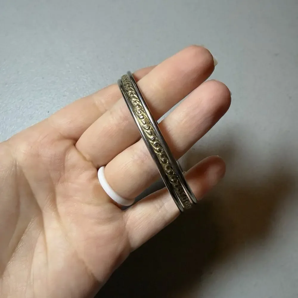 Silver and Gold Tone Multi Hoop Bangle Bracelet Thin Band Smooth And Textured